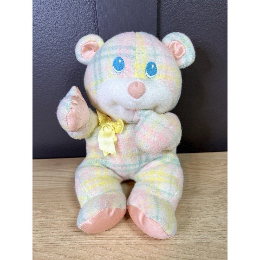 Playskool Snuzzles Blankies Bear Plush Thumb Sucking Pastel Plaid 80s Bow VTG